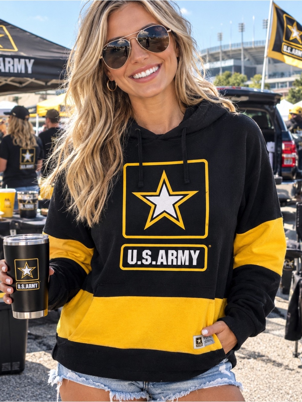 Victoria’s Secret PINK U.S. Army Black & Yellow Hooded Sweatshirt Size M 🆕
